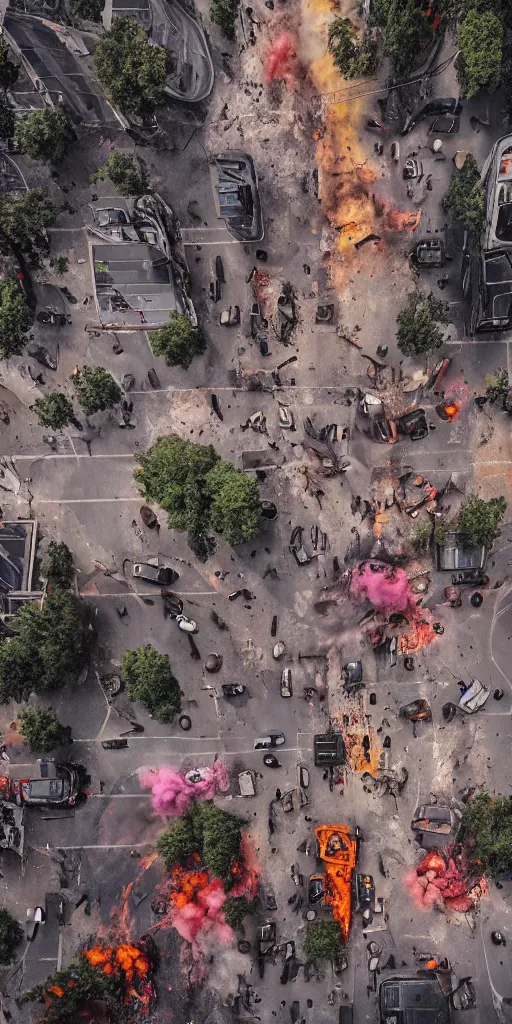 Prompt: post - apocalyptic kreuzberg streets covered in colorful smoke, burned cars, explosions, hyperrealistic, gritty, damaged, drone photography, photorealistic, high details