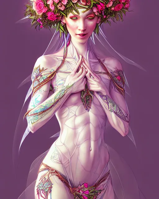 Image similar to digital art, centered full body elven bride with short hair, vivid flower crown ,intricate, veins, by James Jean and by artgerm, by ross tran , ultradetailed, charachter design, concept art, trending on artstation,