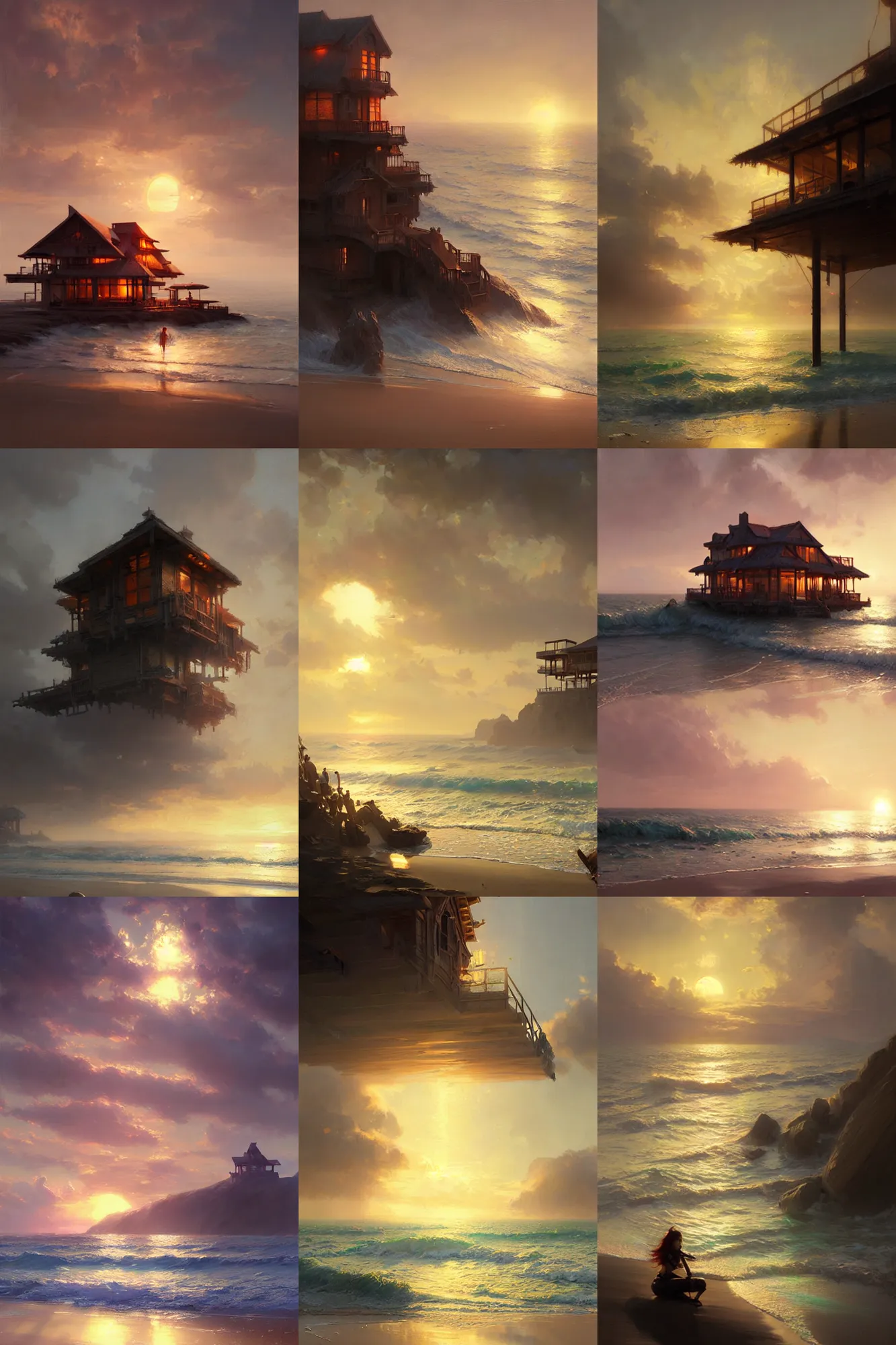 Prompt: beach house at sunset, highly detailed, lens flare, bloom, fantasy, digital painting, concept art, matte, art by ruan jia and wlop and greg rutkowski, masterpiece