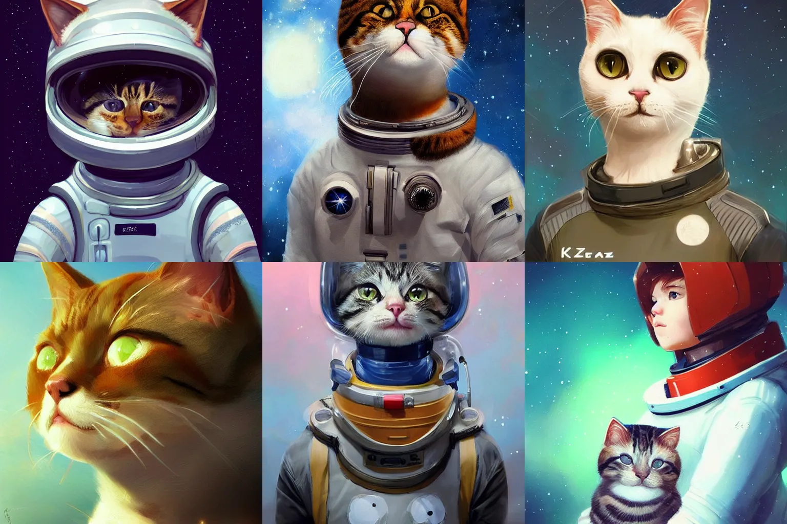 Image similar to head and shoulders masterpiece portrait of a cute adorable cat wearing a spacesuit, surreal background, digital art by Krenz Cushart, trending on artstation, cgsociety,