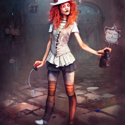 Image similar to realistic, full body portrait, attractive grungy female mad hatter, by Jordan Grimmer and greg rutkowski, crisp lines and color,