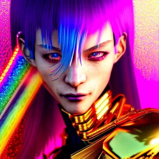 Image similar to hyperdetailed portrait of a stunningly beautiful cyberpunk girlfriend androgynous wizard made of iridescent metals and shiny pink gems, bright rainbow nimbus, gold necklace, gold background inspired by ross tran and masamune shirow and kuvshinov, intricate, photorealistic, octane render, rtx, hdr, unreal engine, dnd digital art by artgerm