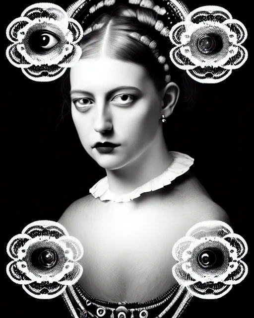 Image similar to black and white masterpiece profile portrait painting with no frame, dutch masters, one steampunk eye silver lace floral biomechanical beautiful young female cyborg, big monocular, volumetric light, hibiscus flowers, by dora maar, rim light, big gothic fashion pearl embroidered collar, 8 k