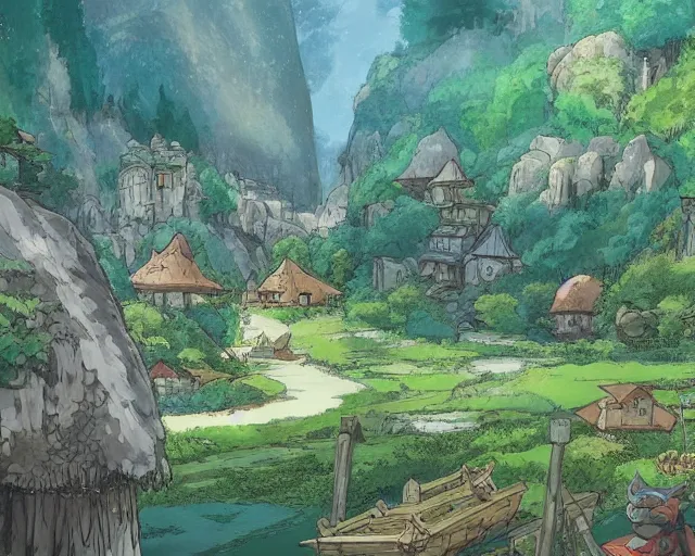 Image similar to mountain overseeing fantasy village next to a forest, studio ghibli style, hayao miyazaki, award winning photograph, highly detailed, artstation