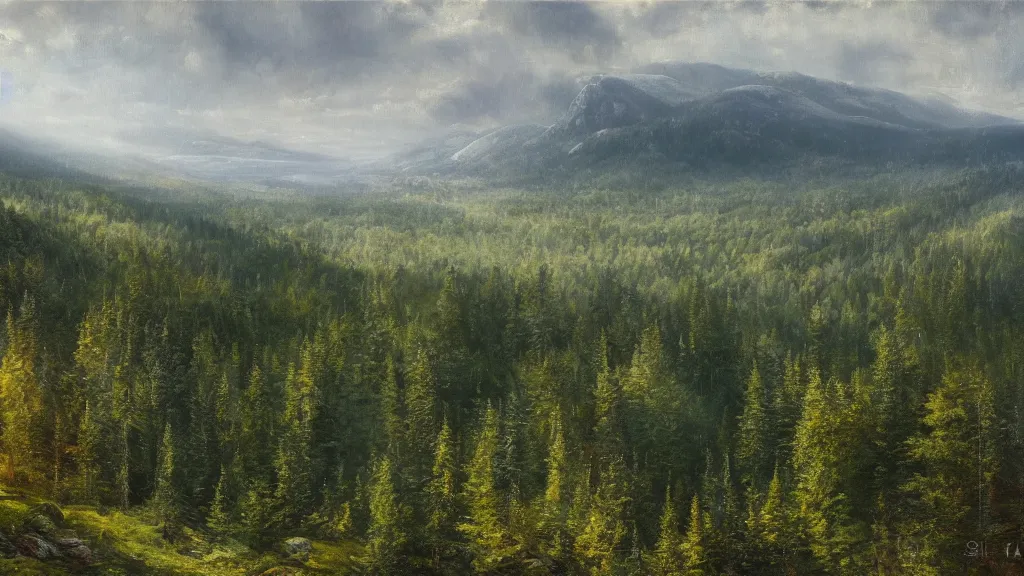 Prompt: beautiful wide shot of a swedish forest from a mountain, oil painting by alan lee, highly detailed, Sigma 85mm f/1.4, trending on Artstation, visually stunning, award winning, fantasy landscape art