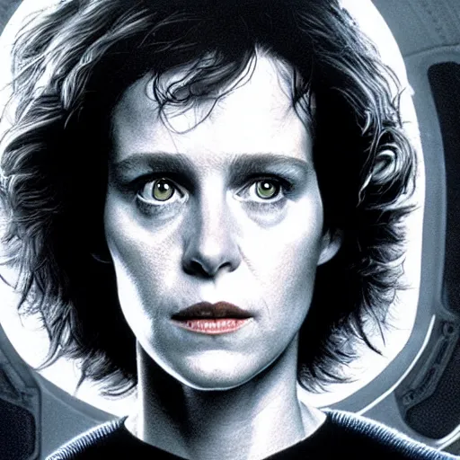 Prompt: a portrait of ellen ripley in alien, filmstill in the movie alien, ultrafine hyperdetailed illustration by kim jung gi, masterpiece. rendered in blender, smooth shadows, ultra detail, high resolution, unreal 6, 8 k