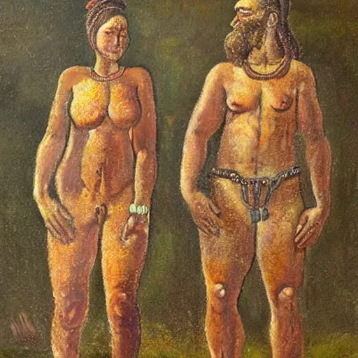 Image similar to a highly detailed oil painting of chalcolithic iberian man and woman, bell beaker people of the chalcolithic and early bronze age atlantic