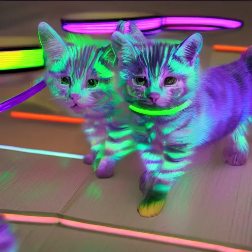 Image similar to neon strips on iridescent kittens cyperpunk 2 0 7 7, unreal engine 5, 8 k ultra realistic, hyperdetailed, volumetric lighting, extremely high quality