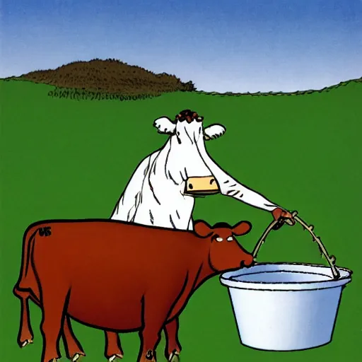 Image similar to a cow points at a bucket, far side, illustrated by gary larson