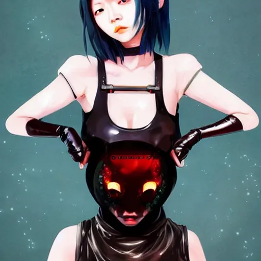 Prompt: a beautiful young korean kpop star billie eilish lucy liu alluring instagram model in elaborate latex tank top, jrpg tank top made from latex demon faces, by guweiz and wlop and ilya kuvshinov and artgerm and, aesthetic, gorgeous, stunning, alluring, attractive, artstation, deviantart, pinterest, digital art