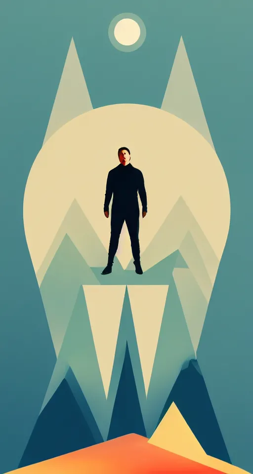 Image similar to portrait of elon musk as a geometric minimalist design, in the background there are isometric mountains with full moon behind the top, trending on artstation, cute digital art, monument valley