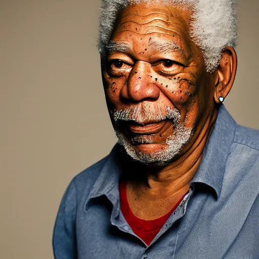 Image similar to a studio photograph of Morgan Freeman dressed as A rapper, 40mm lens, shallow depth of field, split lighting