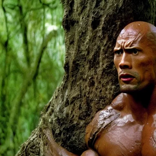 Image similar to film still of a mud - covered dwayne johnson as dutch hiding behind a tree from the predator in predator 1 9 8 7, hd, 8 k