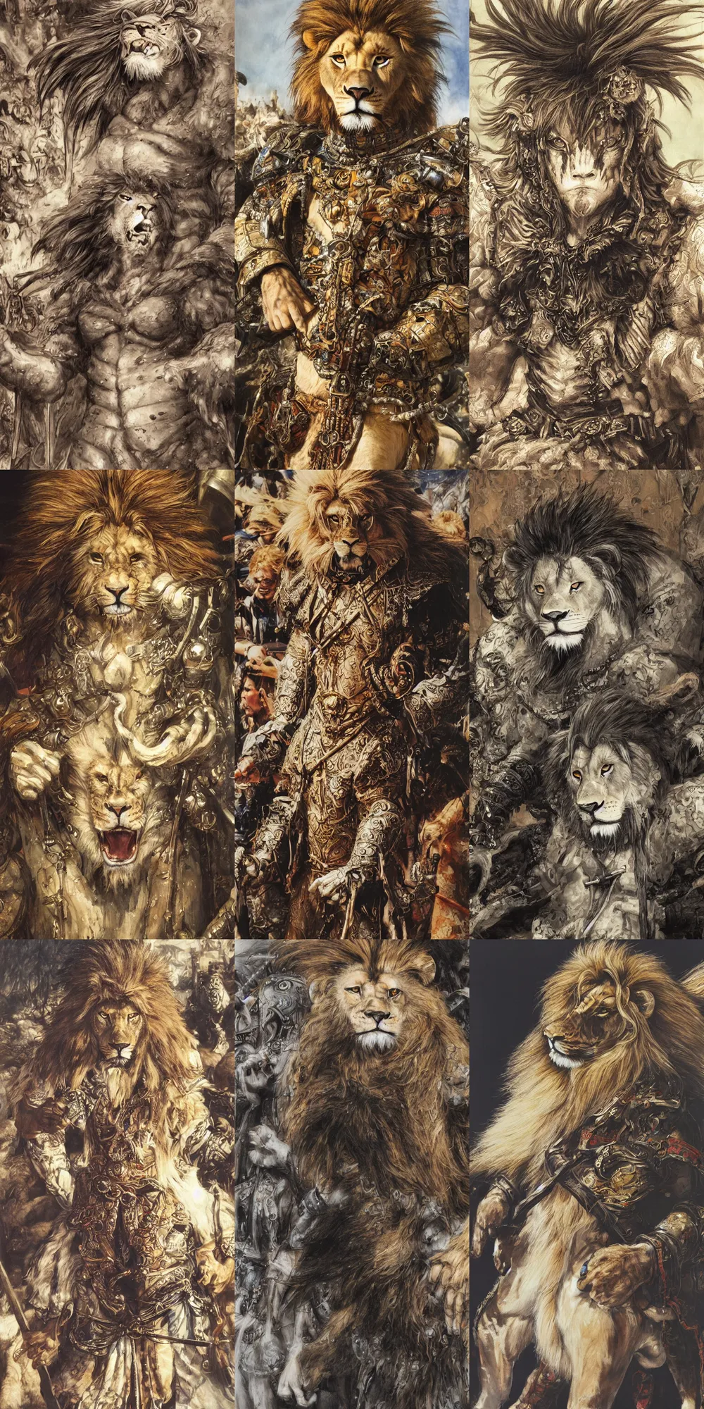 Image similar to 8 k yoshitaka amano painting of upper body of a young cool looking lion beastman with white mane at a medieval market at windy day. depth of field. he is wearing complex fantasy clothing. he has huge paws. renaissance style lighting.