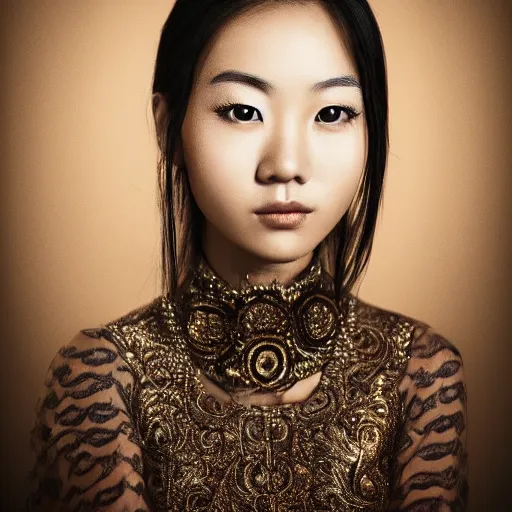 Prompt: beautiful portrait of a young Asian woman, details, elegant, photo realistic, centred, symmetrical