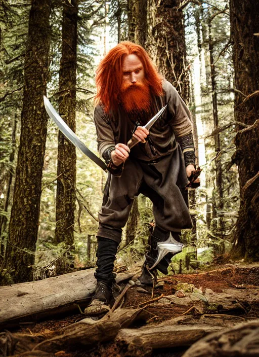 Image similar to 8K, grungy redhead 30-something bearded long haired swordsman holding a short curved sword in a ultradetailed pacific northwest redcedar forest, smooth, sharp focus, illustration. sharp focus, D&D, detailed, intricate, cinematic lighting