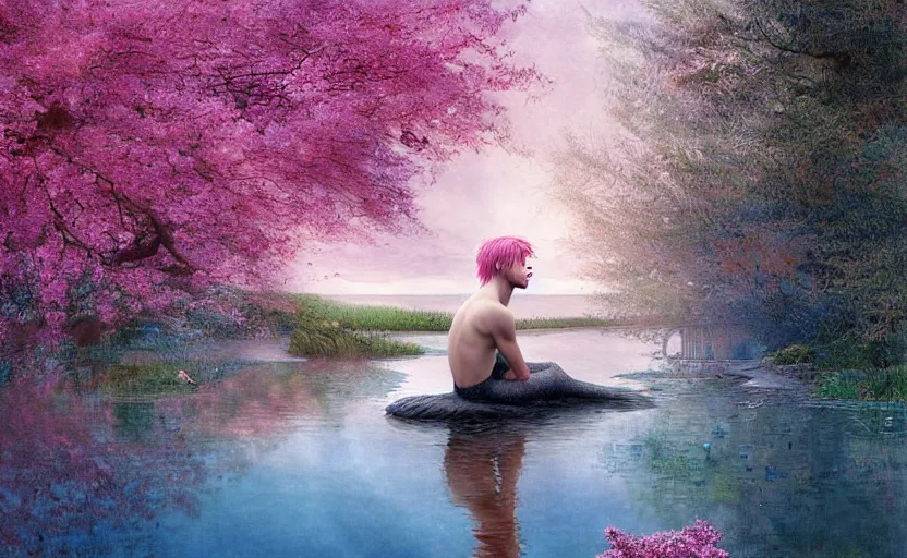 Image similar to harmony of pink haired merman backlit staring at black haired young man from across a pond, love at first sight, by alan lee, muted colors, springtime, colorful flowers & foliage in full bloom, sunlight filtering through trees & skin, digital art, art station cfg _ scale 9