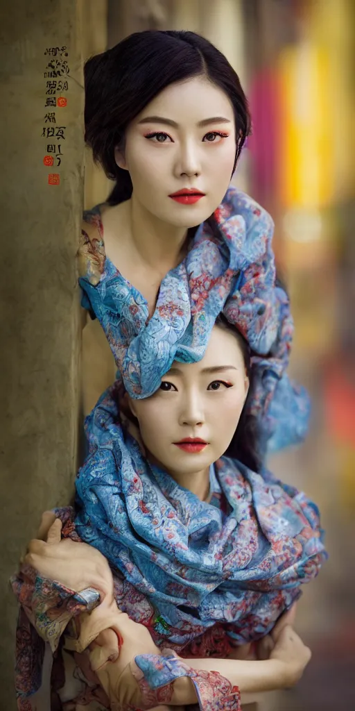 Prompt: photo portrait of chinese actress in real life by Steve McCurry, colorful, sharpen, 4k, 85mm, award winning, realistic, professional light