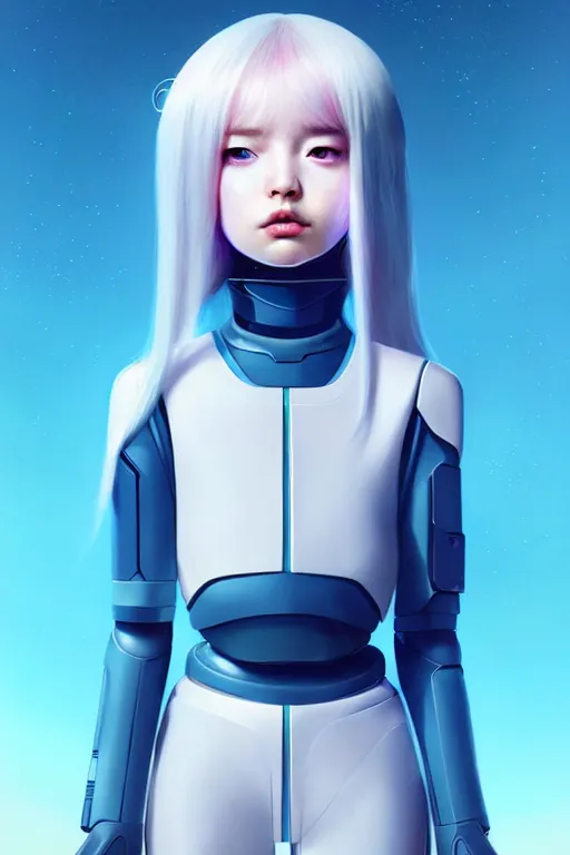 Image similar to perfect android girl family, explorer suit, artgem, scifi, futuristic design, bae suzy, long white hair!!!, blue eyes,, full body character design, cinematic lighting, highly detailed, artstation, divine, by huifeng huang, beeple, goro fujita, smooth gradient.