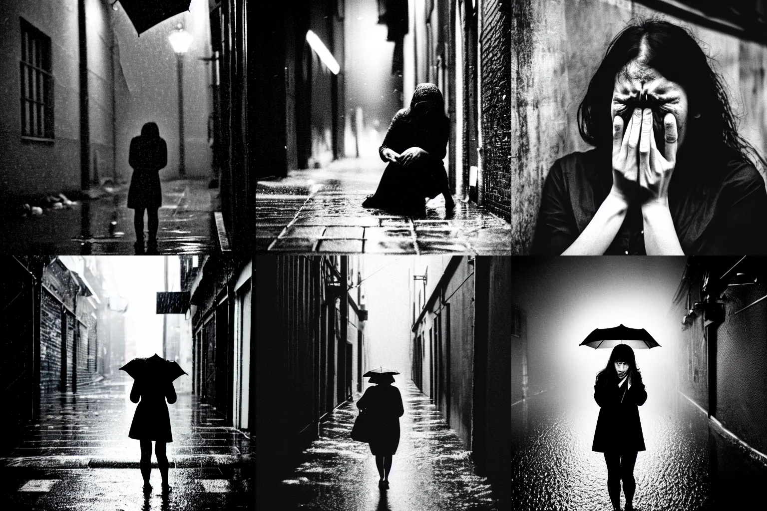 Prompt: a woman crying in a rainy alley at night, black and white photograph, album cover