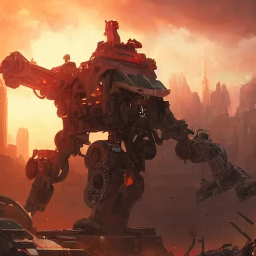 Image similar to portrait of timberwolf battlemech on fire, battle damage, sunset glow around head, intricate, elegant, highly detailed, digital painting, artstation, concept art, smooth, sharp focus, illustration, art by artgerm and greg rutkowski and alphonse mucha, background is a city in ruins