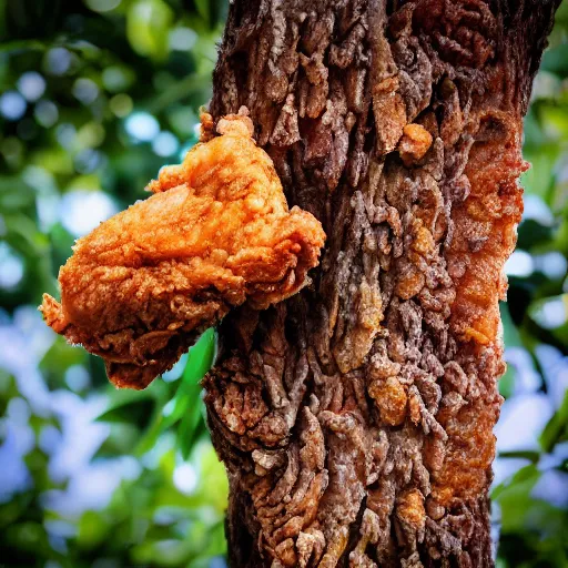 Image similar to Fried chicken nailed to a tree, high definition photography, professional