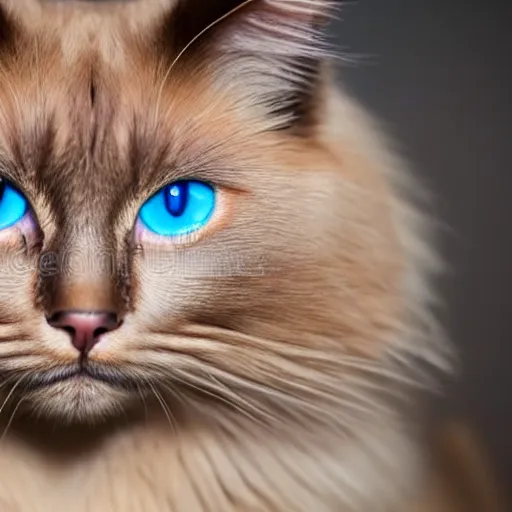 Image similar to studio photograph of a birman cat, bright blue eyes, warm brown colorpoints, hd, studio lighting, stock photo, longhaired, anatomically accurate