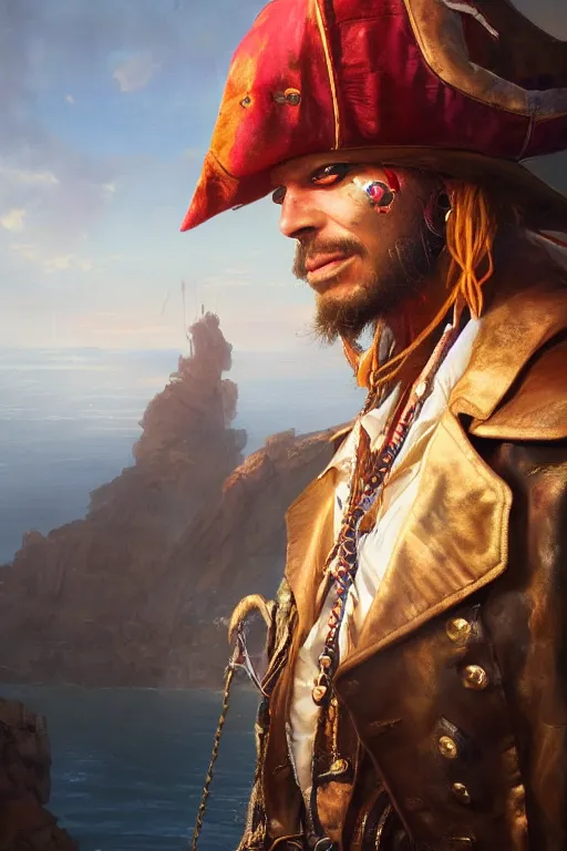 Prompt: portrait of a pirate in a technicolor suit, in front of an audience, dramatic light, gorgeous view, depth, high detail, digital art, painted by greg rutkowski and vogue, trending on artstation