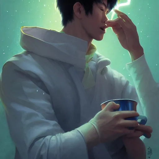Image similar to A man drinking a cup of cosmic energy bright light by Masafumi Harada, 4k, digital art, surreal, anime style, space dandy style, highly detailed, godsend, artstation, digital painting, concept art, smooth, sharp focus, illustration by Ruan Jia and Mandy Jurgens and William-Adolphe Bouguereau, Artgerm