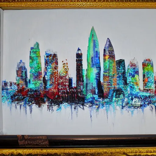 Prompt: oil on styrofoam crust - painting with melt of the city of atlanta skyline with symbolic filigree