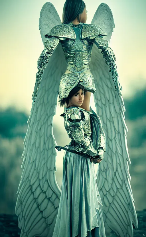 Prompt: angel, big wings, low key light, full plate armor with cloth, f 2. 8, bokeh, medium portrait, gentle, female, ornate city ruins, landscape, d & d, fantasy, intricate, elegant, highly detailed, teal white gold color palette, roger deakins, sharp focus, greg rutkowski and alphonse mucha