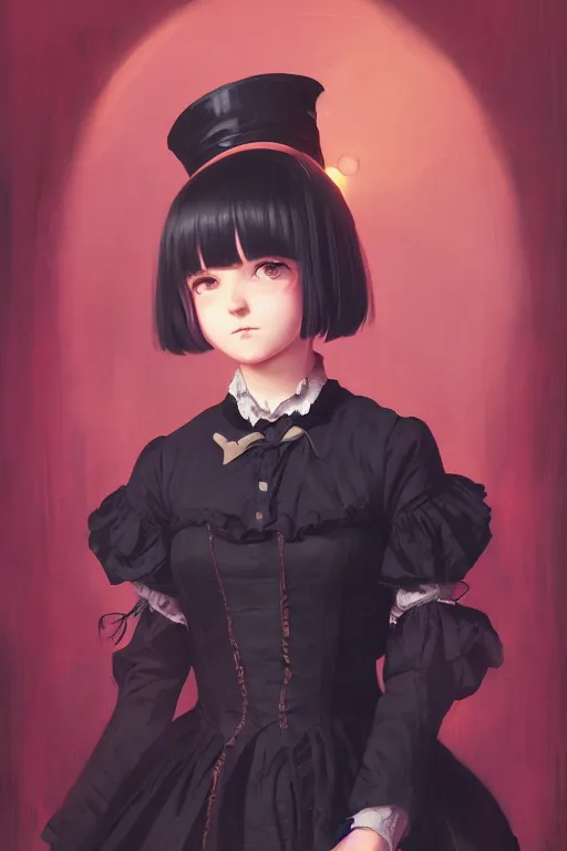 Image similar to a portrait of a cute young woman in a Victorian maid outfit with black bob cut hair, steampunk setting, vivid colors, soft lighting, atmospheric, cinematic, moody, in the style of Ilya Kuvshinov and Range Murata, Krenz Cushart, oil on canvas, 8k