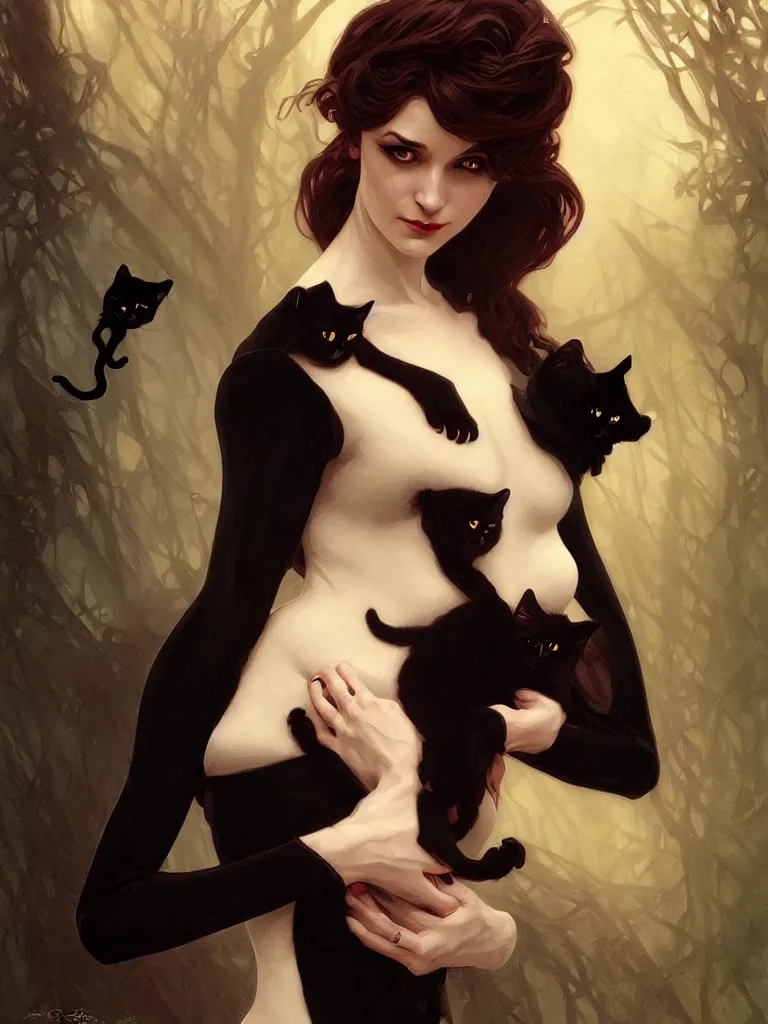 Prompt: an elegant single victorian vampire holding lovingly a black cat on her arms, portrait, intricate, elegant, highly detailed, digital painting, artstation, concept art, rough, sharp focus, illustration, art by artgerm and greg rutkowski and alphonse mucha and cris ortega and serge birault