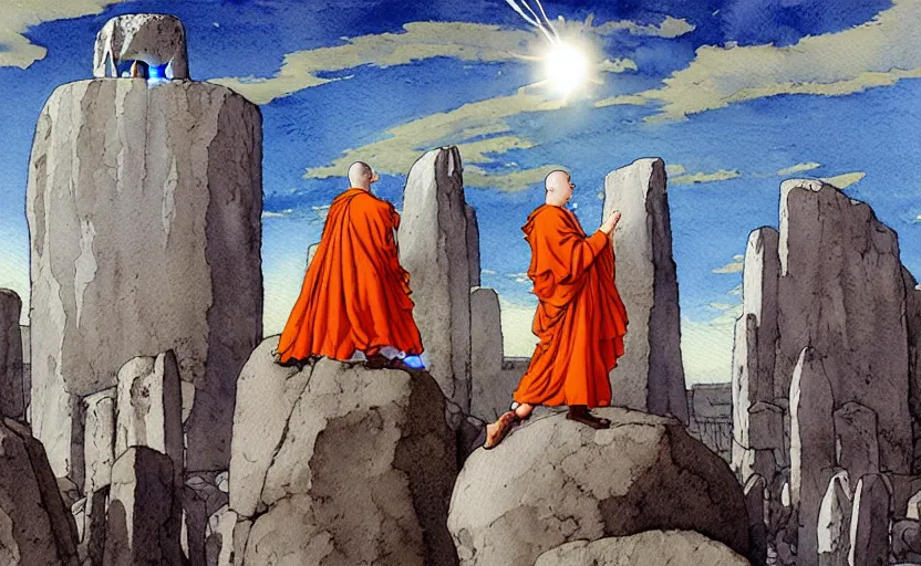 Image similar to a hyperrealist watercolour concept art of a group of grey medieval monks levitating a huge rock in the air over their head. a large stonehenge moneument is in the sky. by rebecca guay, michael kaluta, charles vess and jean moebius giraud. high detail, hq, wide shot