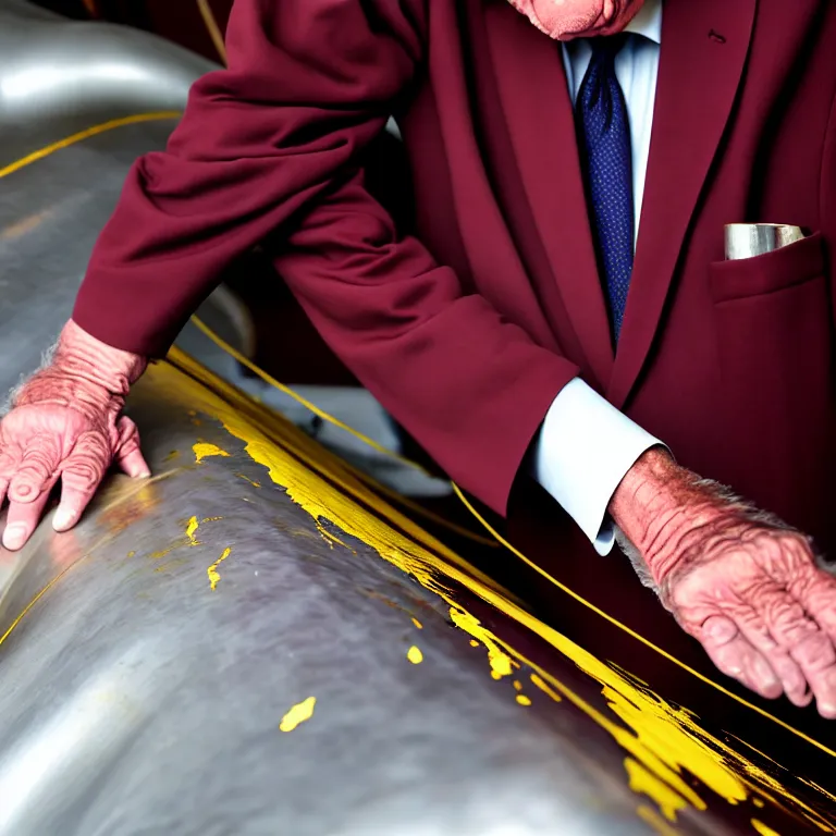 Image similar to wrinkled hunchbacked old man in musty burgundy suit, polishing painting the side of a huge gold plated mega yacht with a cloth, maintenance photo