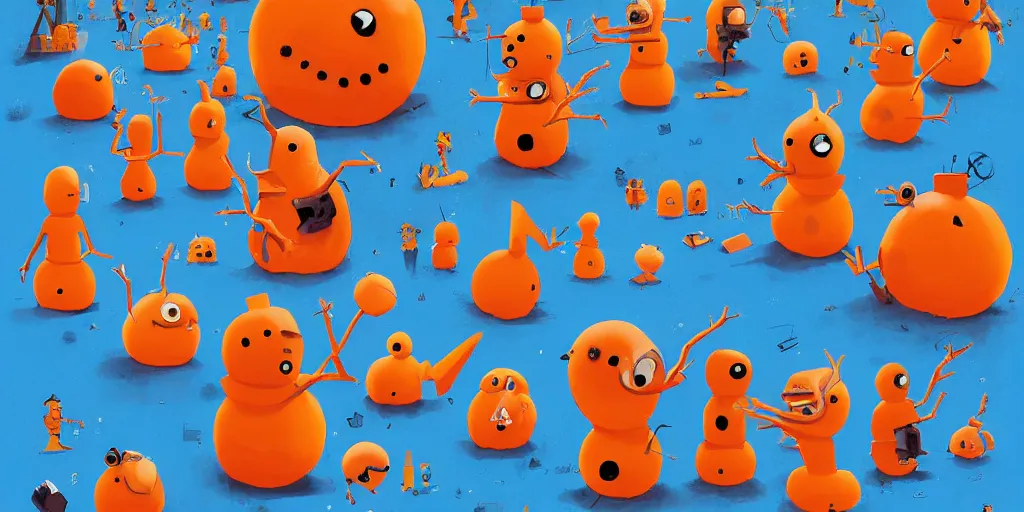 Prompt: cute orange and blue cartoon monsters building snowmen by Goro Fujita and Simon Stalenhag and Salvador Dali and Banksy and Basquiat, 8k, highly detailed, cinematic