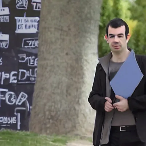 Prompt: nathan fielder walking around hell with a clipboard painted by lorenzo de'medici