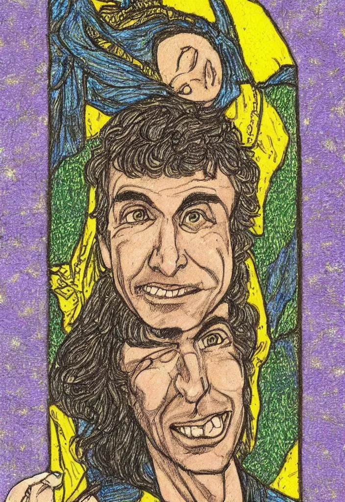 Image similar to Yoshua Bengio smiling drawn on the Tarot card. Illustration by preraphaelists.