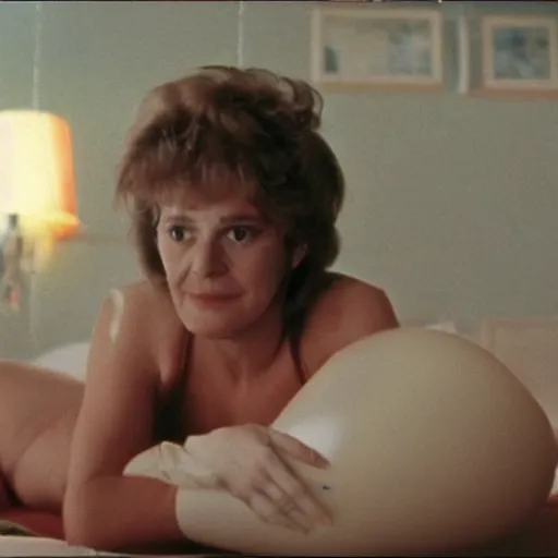 Image similar to still from a 1980 French film about a depressed housewife wearing an inflatable toy as she meets a handsome younger man in a seedy motel room