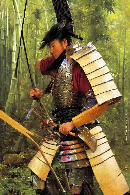 Image similar to close up of samurai warrior in full armor, in a bamboo forest, by vladimir volegov and alexander averin and delphin enjolras and daniel f. gerhartz