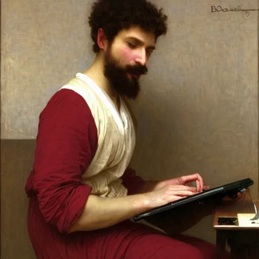 Prompt: an oil painting of an man playing a laptop, by Bouguereau, highly detailed and intricate,