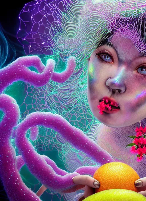 Image similar to hyper detailed 3d render like a Oil painting - kawaii Aurora (Singer) seen Eating of the Strangling network of yellowcake aerochrome and milky Fruit and Her delicate Hands hold of gossamer polyp blossoms bring iridescent fungal flowers whose spores black the foolish stars by Jacek Yerka, Mariusz Lewandowski, Houdini algorithmic generative render, Abstract brush strokes, Masterpiece, Edward Hopper and James Gilleard, Zdzislaw Beksinski, Mark Ryden, Wolfgang Lettl, hints of Yayoi Kasuma, octane render, 8k