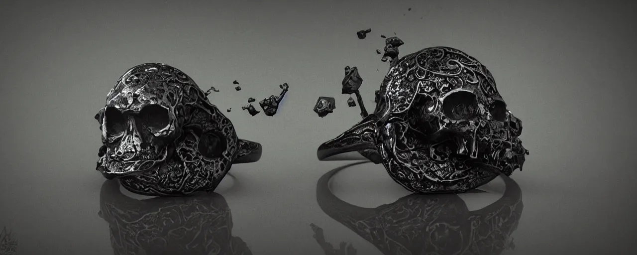 Image similar to simple ring with a skull, ring, skull, black, green mist emanates, magic, poison, smooth shank, crystals, engravings, product design, jewelry, art by gerald brom, greg rutkowski and artgerm and james jean and zdzisław beksinski, 8 k, unreal engine, c 4 d