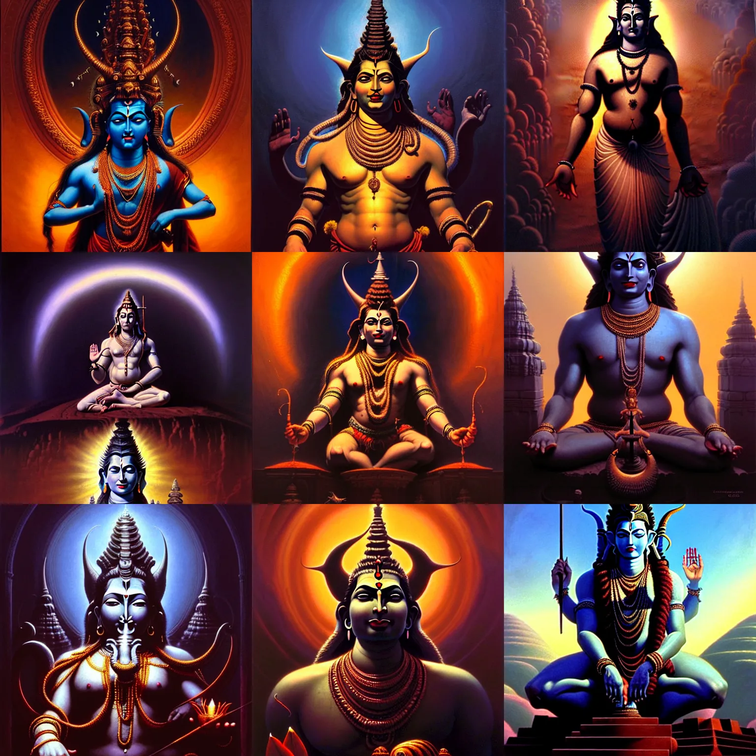 Prompt: a beautiful cinematic masterpiece gothic portrait of majestic colossal hindu god shiva, by tim hildebrandt, by caravaggio, by wayne barlowe, by bruce pennington, by greg rutkowski, oil on canvas, trending on artstation, featured on pixiv, brilliant lighting, sharp, hyper - detailed, cinematic composition, no frames, hd, 8 k