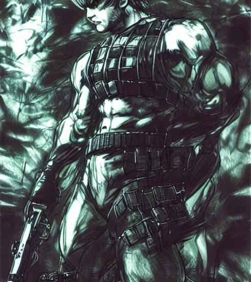 Prompt: solid snake by yoshitaka amano, final fantasy metal gear cover art
