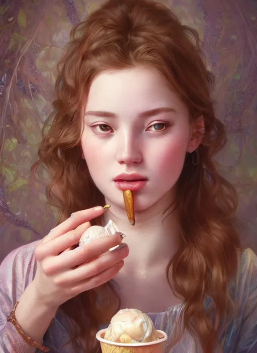 Image similar to a photorealistic detailed portrait of a beautiful girl eating ice cream, detailed, intricate, elegant, highly detailed, digital painting, artstation, concept art, smooth, sharp focus, illustration, art by hana yata, artem demura, alphonse mucha, octane render, unreal engine, 8 k