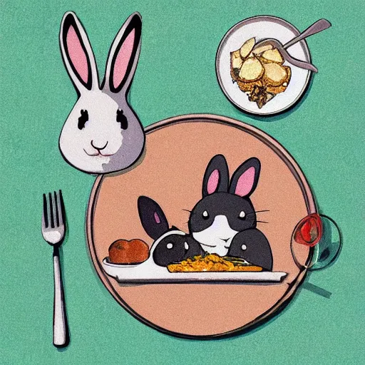 Prompt: rabbits cooking food inside a cozy french kitchen, in the style of studio ghibli