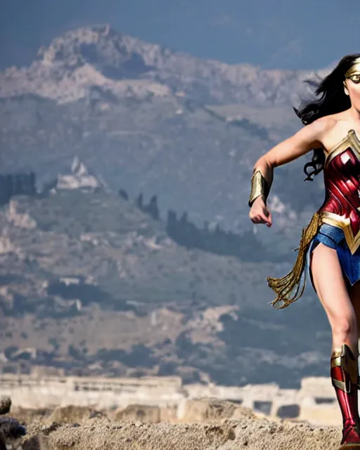 Image similar to gal gadot as wonder woman, at the 2 0 0 - meter starting line, ancient greek olympic trials, mount olympus can be seen off in the distance, sports photography in the style of neil leifer