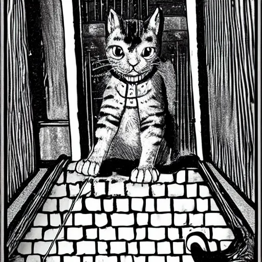 Prompt: cat as an magician in a dark basement, scary, magical