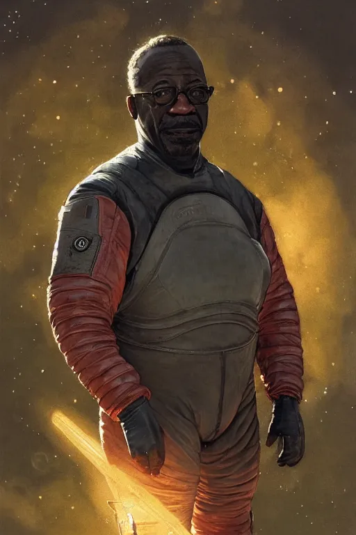 Prompt: upper body portrait of fat lennie james as furious baron harkonnen wearing old leather spacesuit, detailed, sunshine, nebula space background, illustration by norman rockwell, artstation character art, john william waterhouse, concept art, greg rutkowski